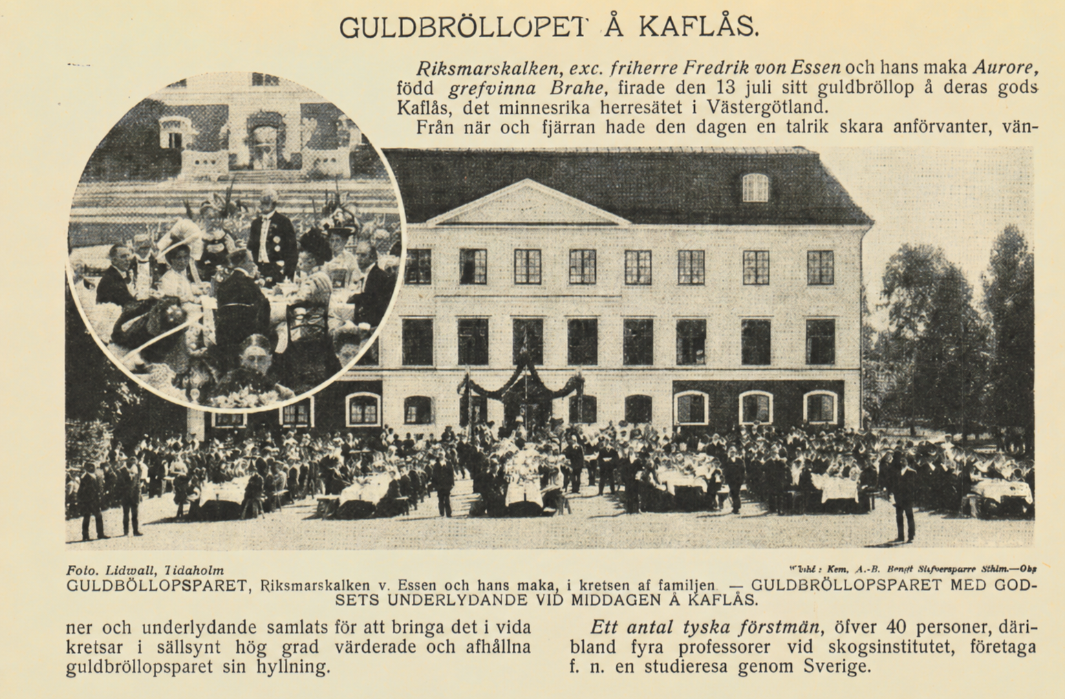 Samtida tidningsklipp med fotografier och text om guldbröllopet på Kaflås