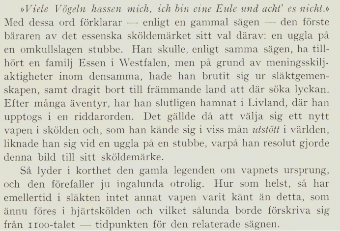 Textutdrag med sägnen om varför släktvapnet visar en uggla på en stubbe